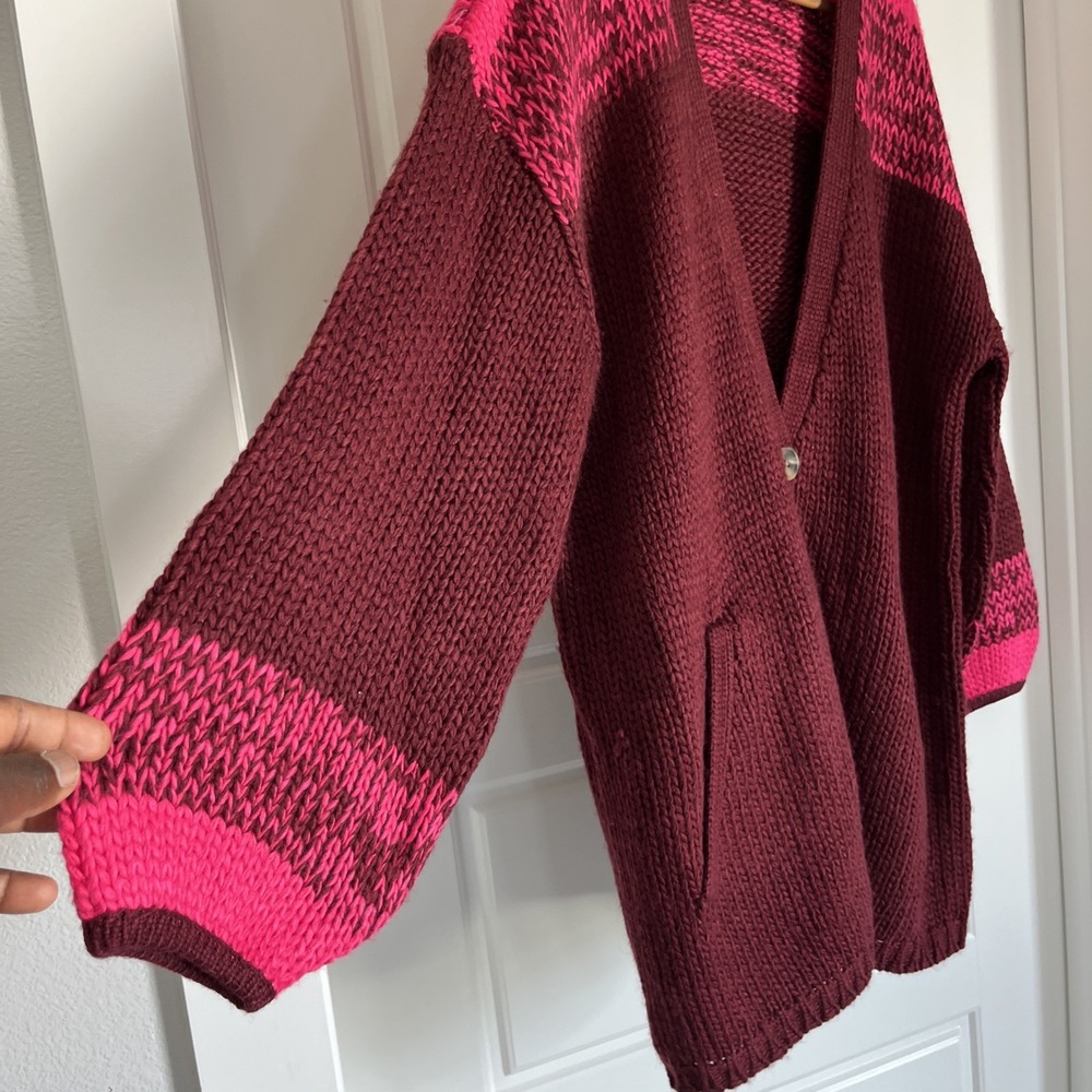 Sundance Chunky Knit Cardigan Sweater Burgundy Wool Blend Oversized L Preppy - Picture 8 of 16